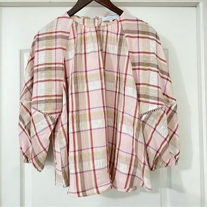 Pearl By Lela Rose Poplin Plaid Pink Puff Sleeve Blouse Shirt Farmhouse Medium